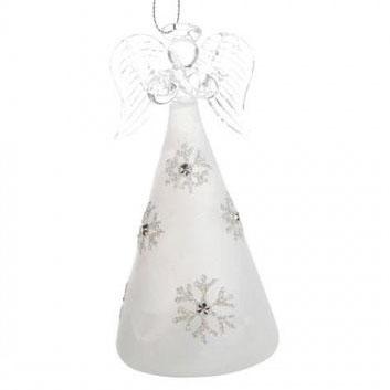 Engel i glass med LED lys - 15 cm - Hvit glitter