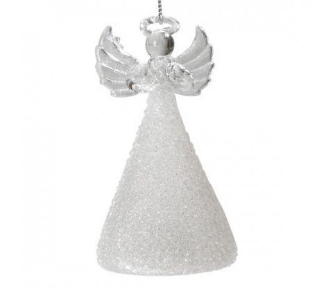 Engel i glass med LED lys - 10 cm - Hvit glitter