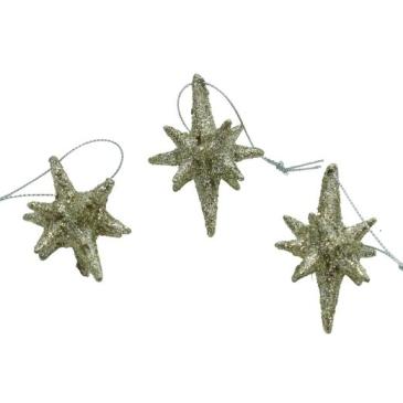Stjerner med glitter oppheng - Gull - 3 stk - H 6 cm