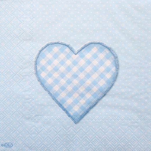 Frokost serviet lyseblå med patch work hjerte. 33x33cm. L549949 fra Ihr.
