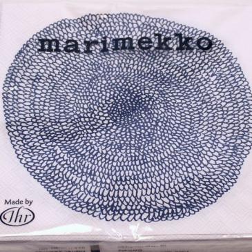 Frokost serviet "PIPPURIKERÄ" fra Marimekko. Hvid serviet med blåt cirkel mønster. L734294.